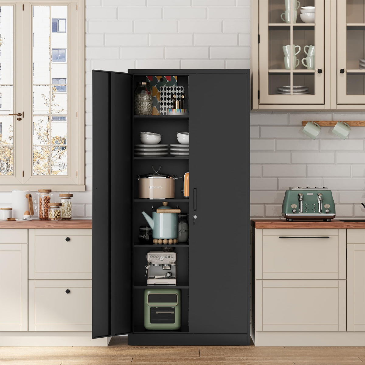 71” Tall Black Steel Storage Cabinet with Lockable Doors and Adjustable Shelves K2278