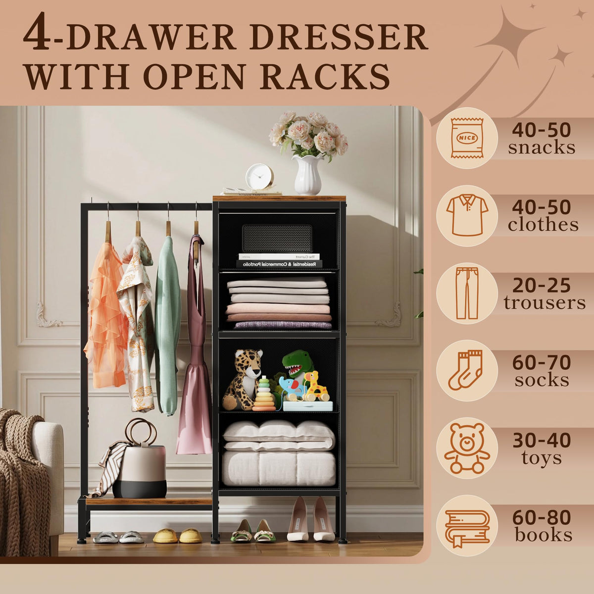 Tall Dresser with Hanging Rack, 4 Drawers T59256