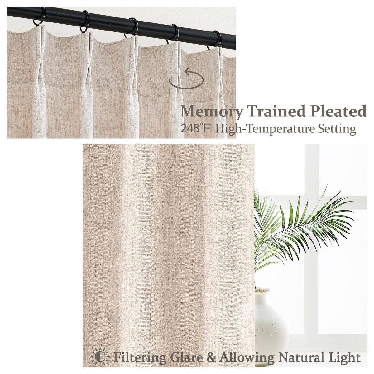 Light Filtering Semi Sheer Linen Curtains 96 Inches 2 Panels Set U55226