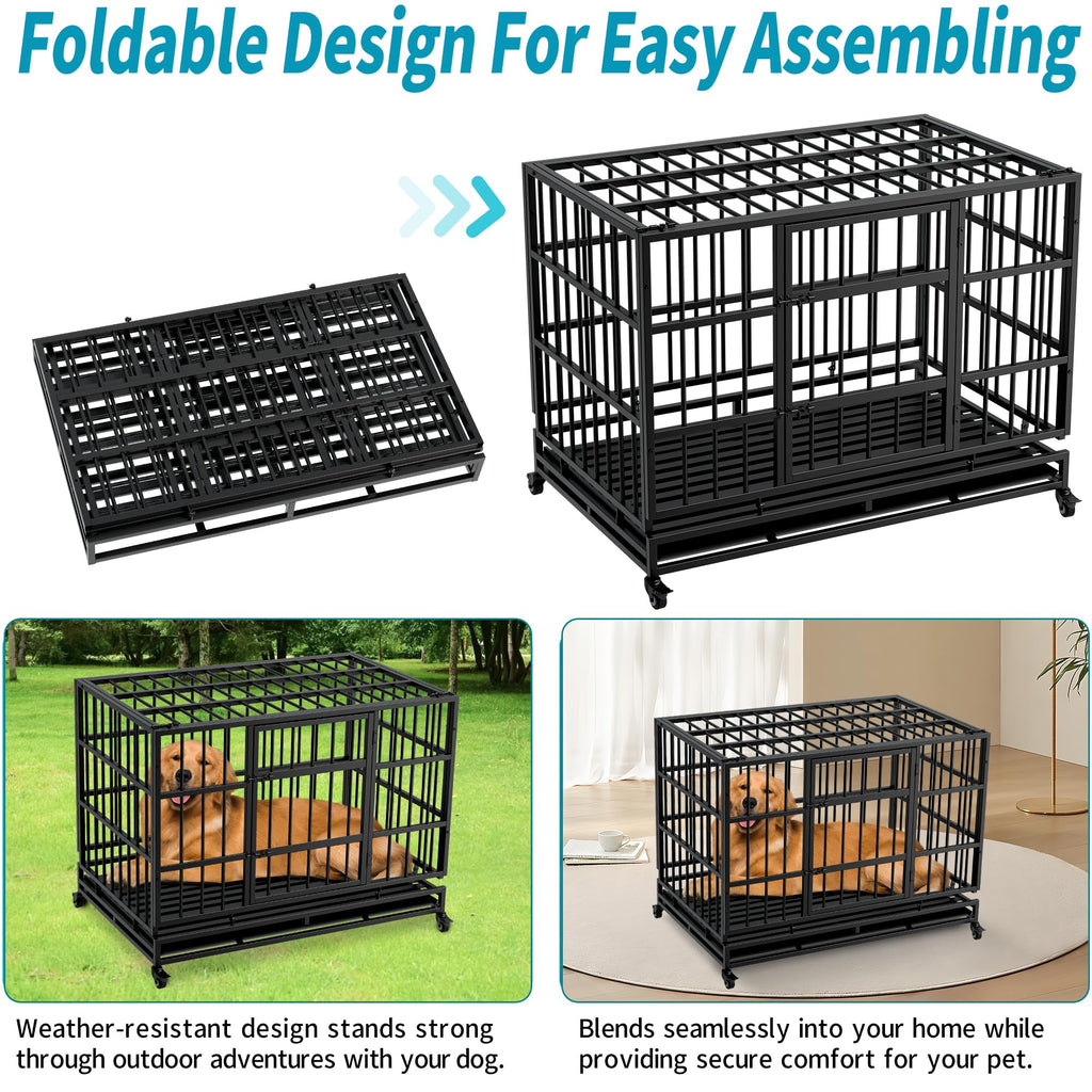 48" Metal Dog Crate with Tray & Wheels I516196