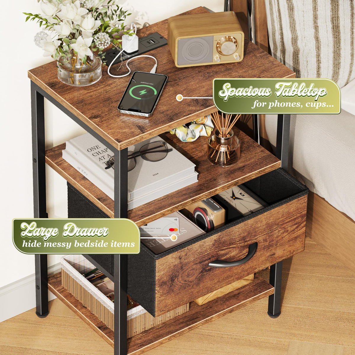 3-Tier Nightstand with Charging Station W125