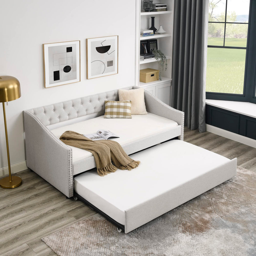Upholstered Button Tufted Twin Size Daybed with Trundle I9240