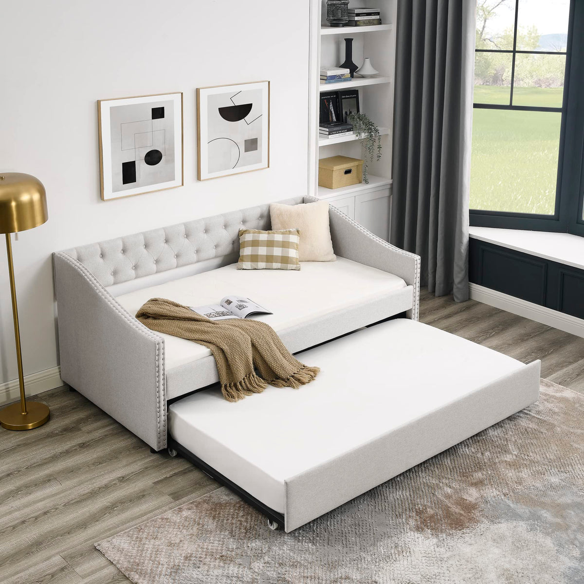Upholstered Button Tufted Twin Size Daybed with Trundle I9240