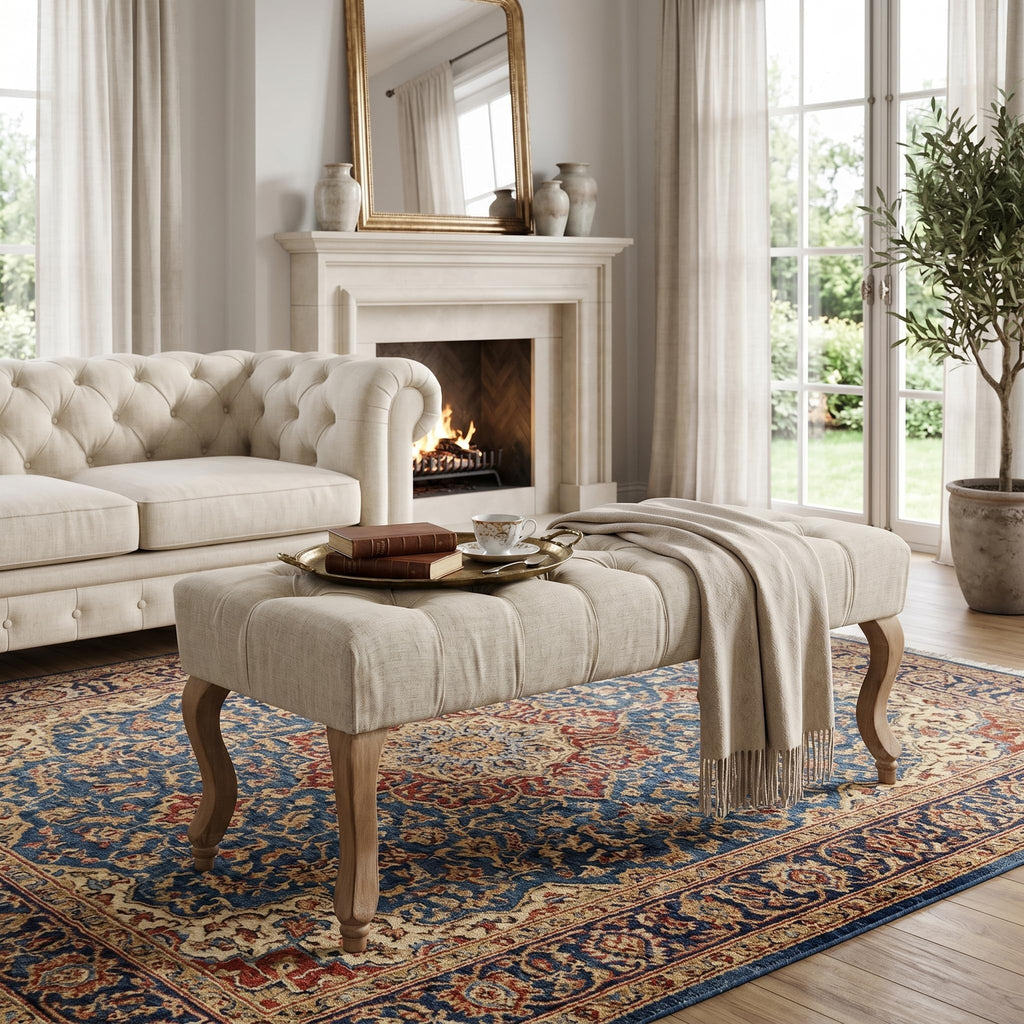 40" Beige Linen Fabric Upholstered Tufted Bench with Distressed Wood Legs S340860