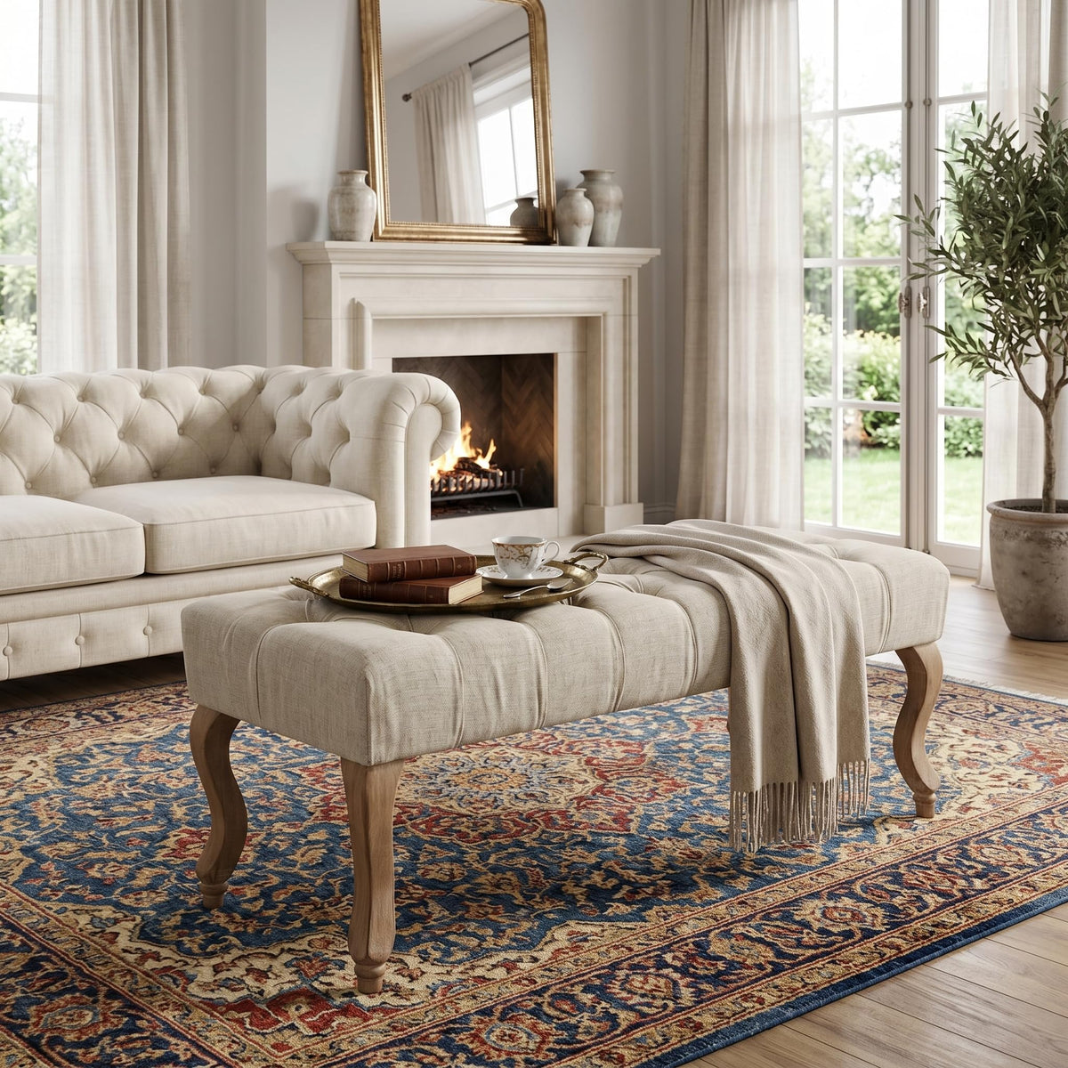 40" Beige Linen Fabric Upholstered Tufted Bench with Distressed Wood Legs S340860
