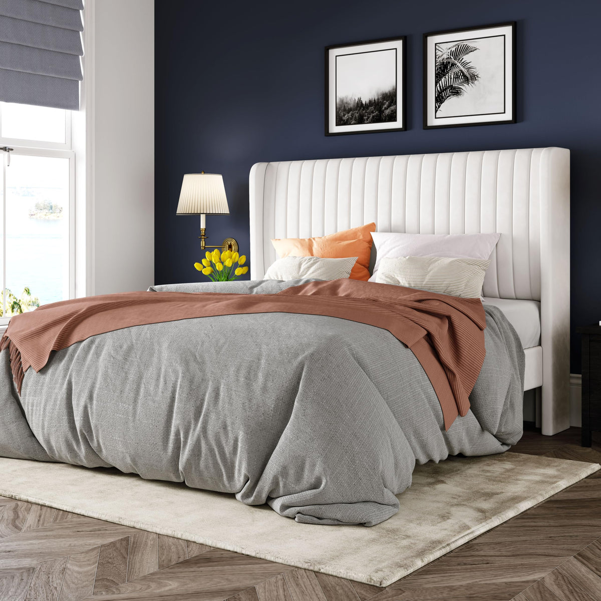 Queen Size White Velvet Upholstered Platform Bed O86166