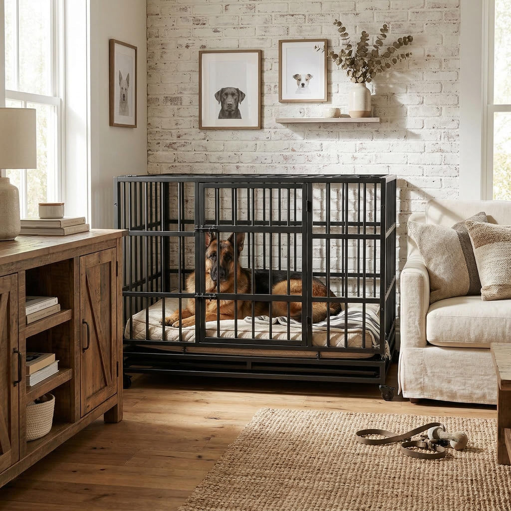 48" Metal Dog Crate with Tray & Wheels I516196
