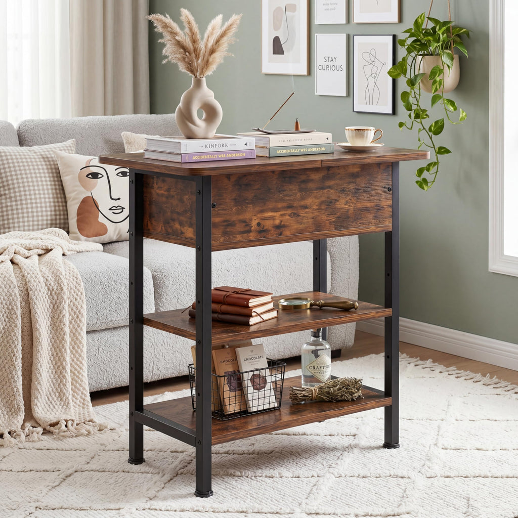 End Table with Charging Station, Flip Top Side Table with USB Ports and Outlets, 3-Tier Side Table with Storage K538