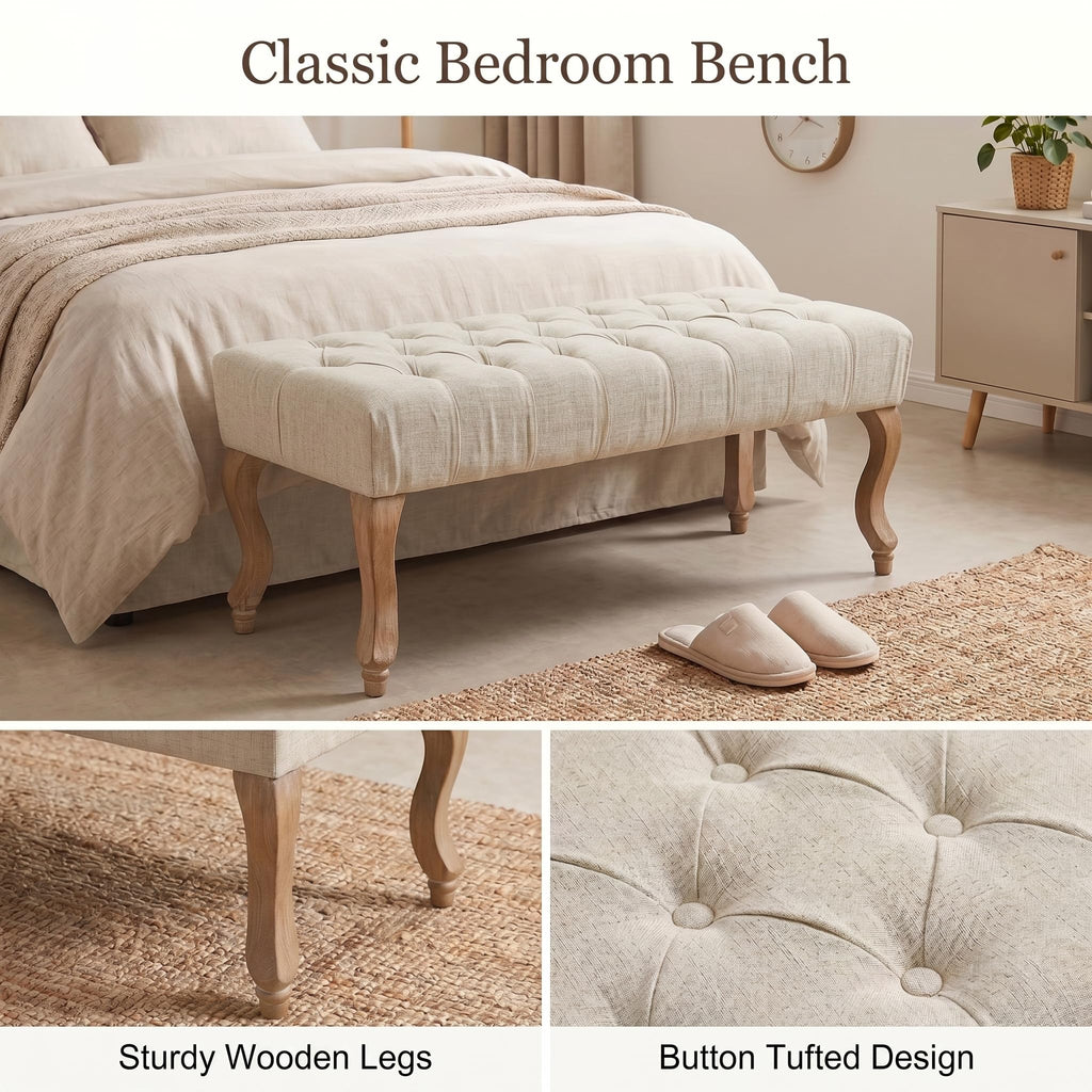40" Beige Linen Fabric Upholstered Tufted Bench with Distressed Wood Legs S340860