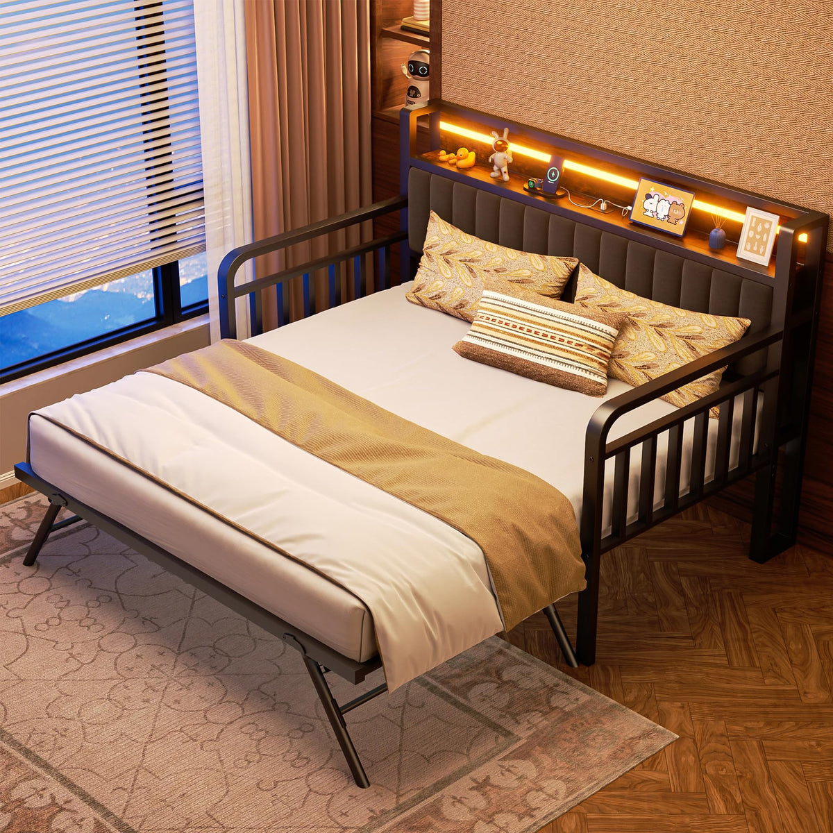 Brown Metal Daybed with Trundle and Storage Headboard K4140