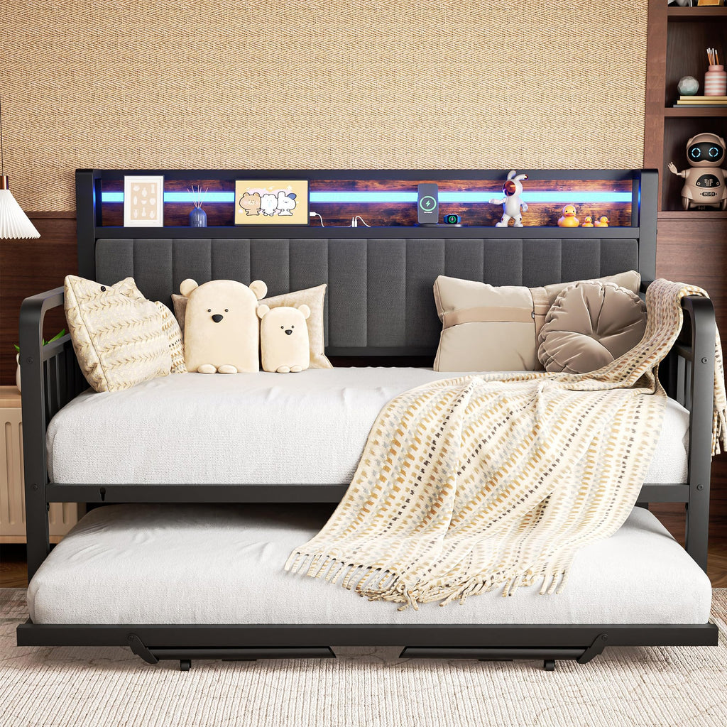 Brown Metal Daybed with Trundle and Storage Headboard K4140