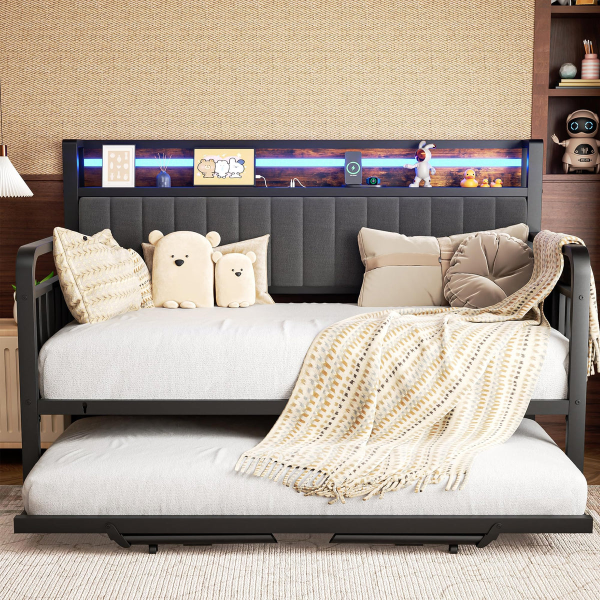 Brown Metal Daybed with Trundle and Storage Headboard K4140