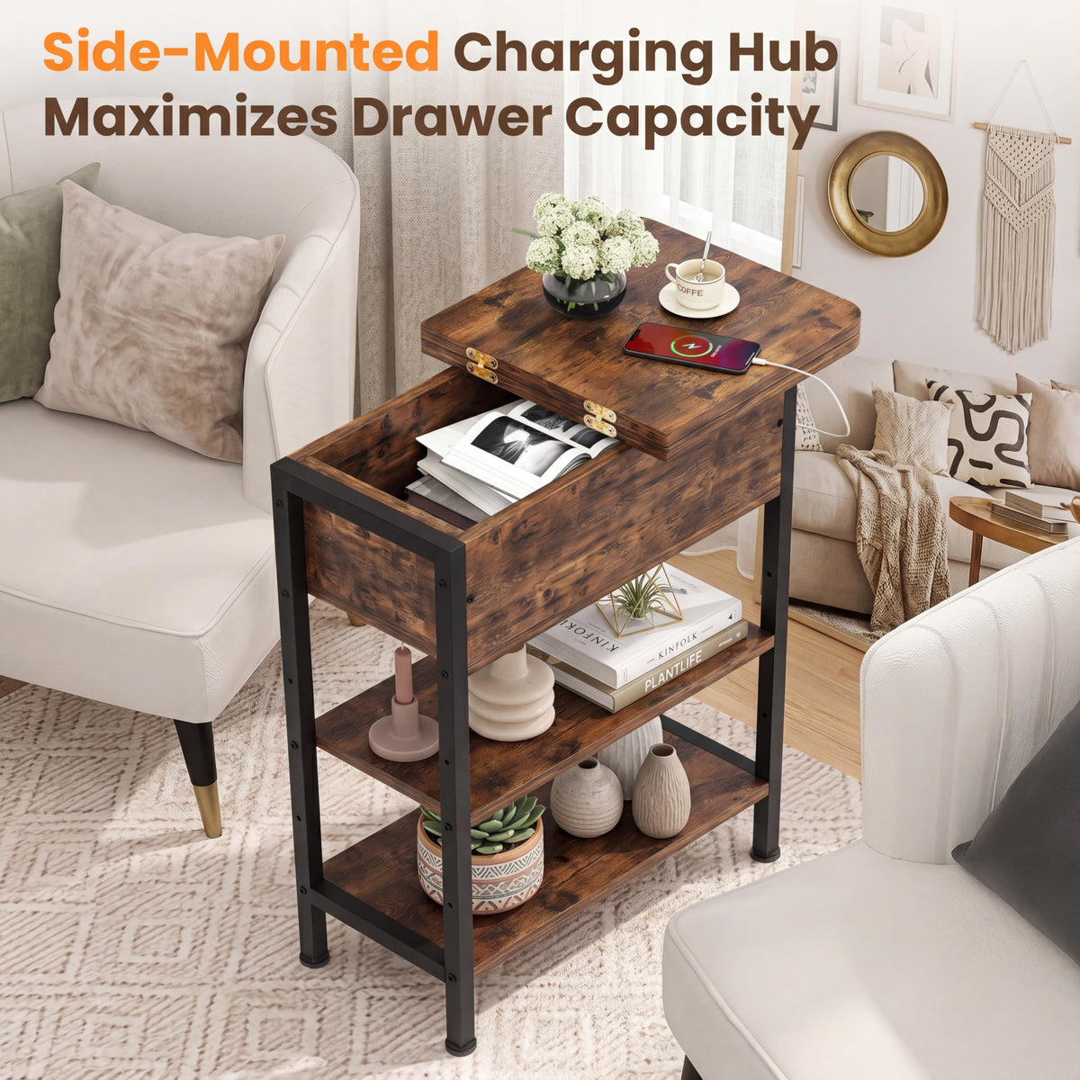 End Table with Charging Station, Flip Top Side Table with USB Ports and Outlets, 3-Tier Side Table with Storage K538