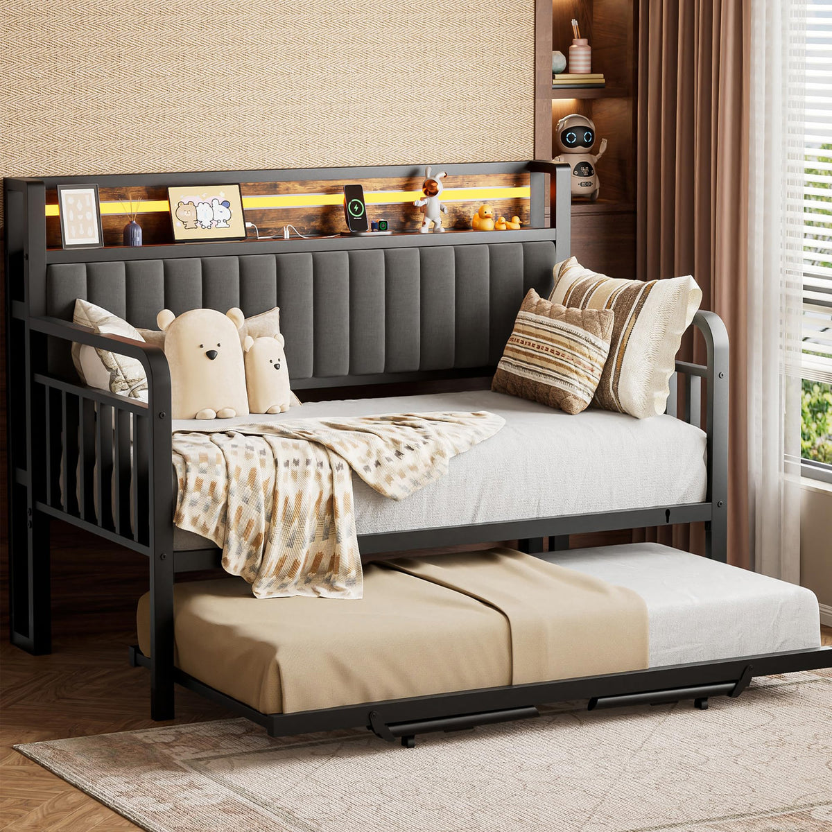 Brown Metal Daybed with Trundle and Storage Headboard K4140